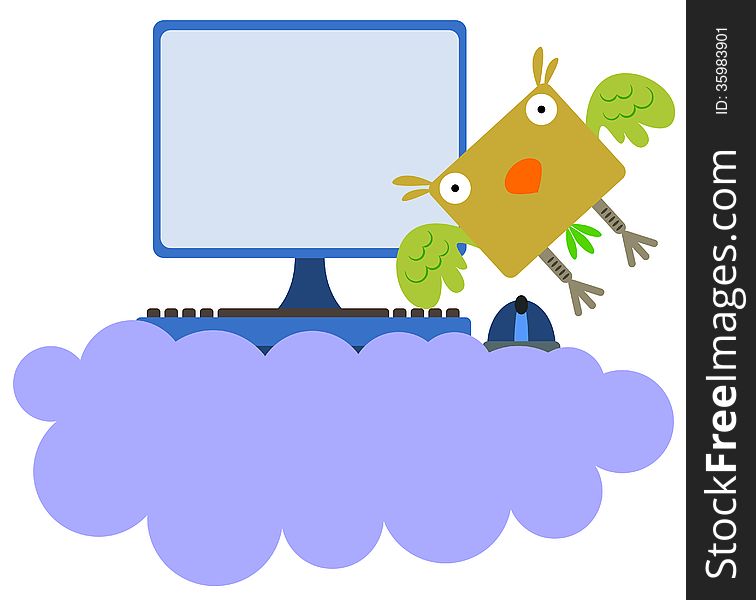 Illustration of a bird using a computer on a cloud. Illustration of a bird using a computer on a cloud