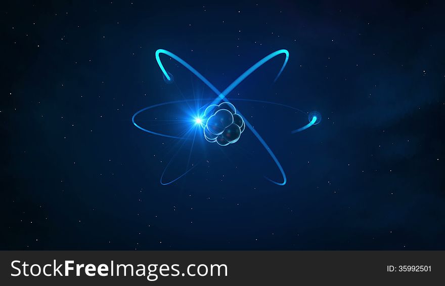 Motion graphic depicting a stylised atom with nucleus and orbiting electrons against a star background illustrating concepts of nuclear power and technology. Motion graphic depicting a stylised atom with nucleus and orbiting electrons against a star background illustrating concepts of nuclear power and technology.
