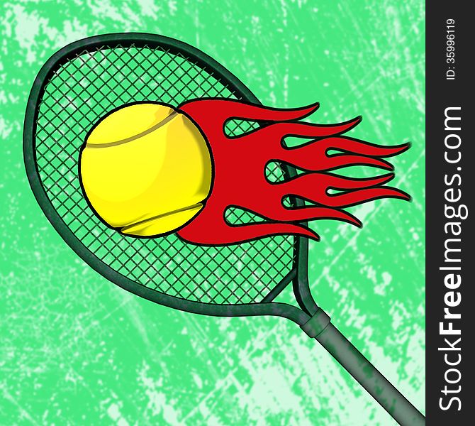 Flaming tennis ball offers a trail of fiery flames with a racquet and green tennis court abstract background,