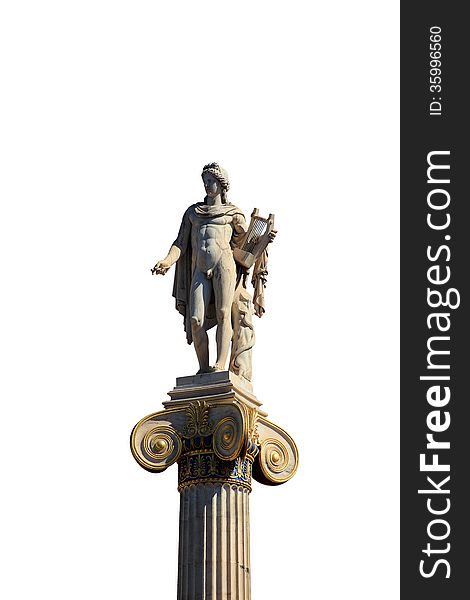 Statue of Apollon on the top of the column isolated on white background, At