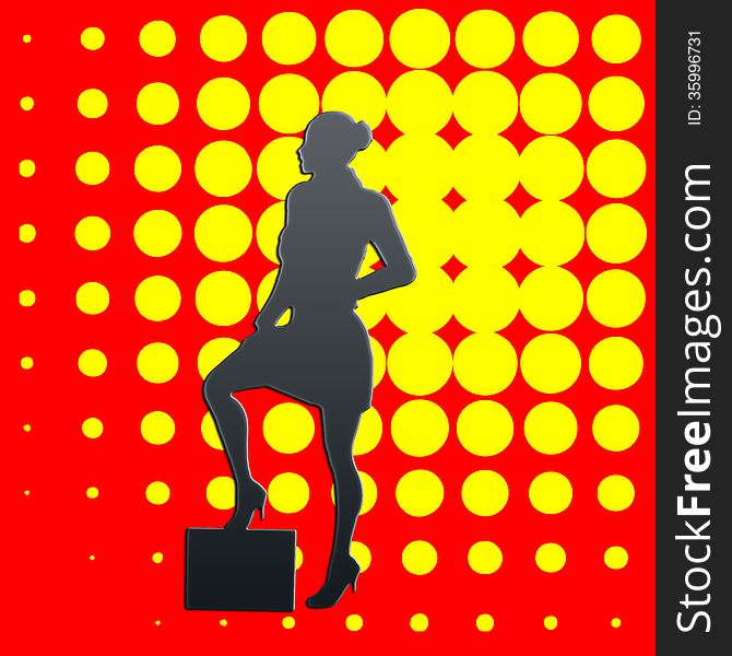 Silhouette of business woman with one foot on a briefcase standing in front of a modern red and yellow pop art background.