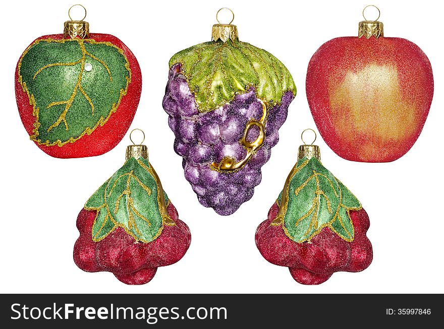 5 Christmas decorations in the form of fruit, isolated on white background. 5 Christmas decorations in the form of fruit, isolated on white background