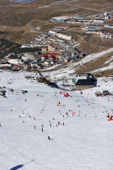 Looking Down The Ski Slopes Of The Sierra Nevada Mountains In Spain Stock Image