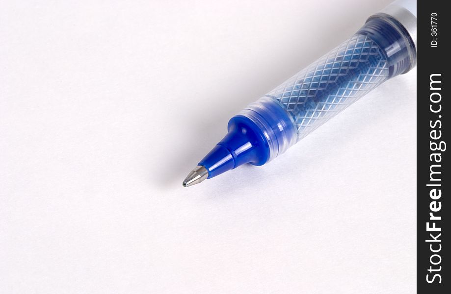 The business end of a blue pen. The business end of a blue pen