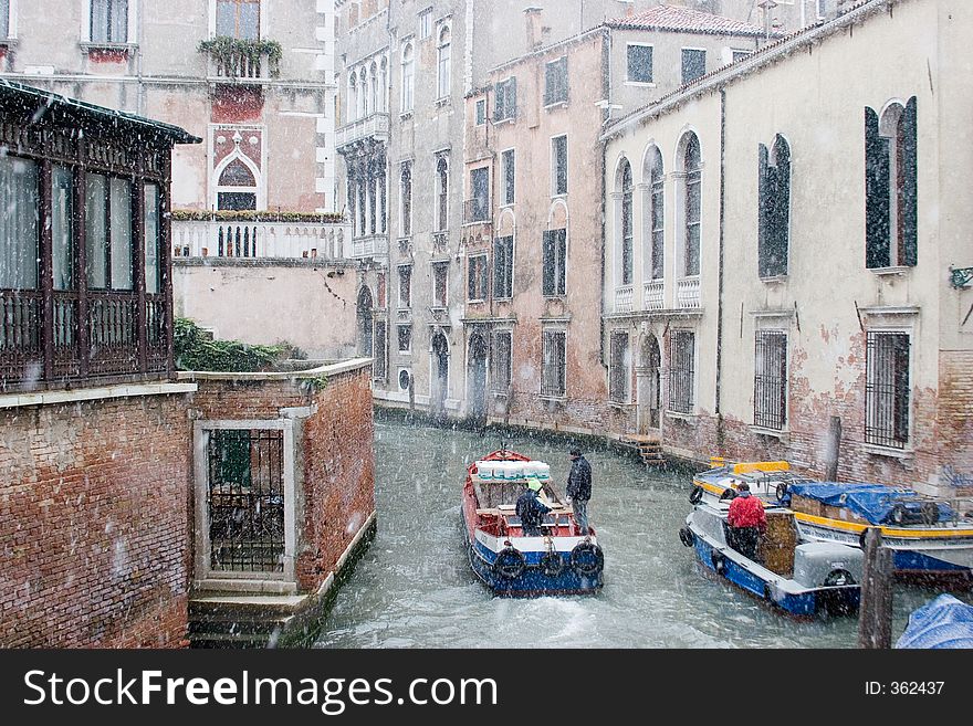Venetian boatsmen working through a snowstorm. Venetian boatsmen working through a snowstorm.