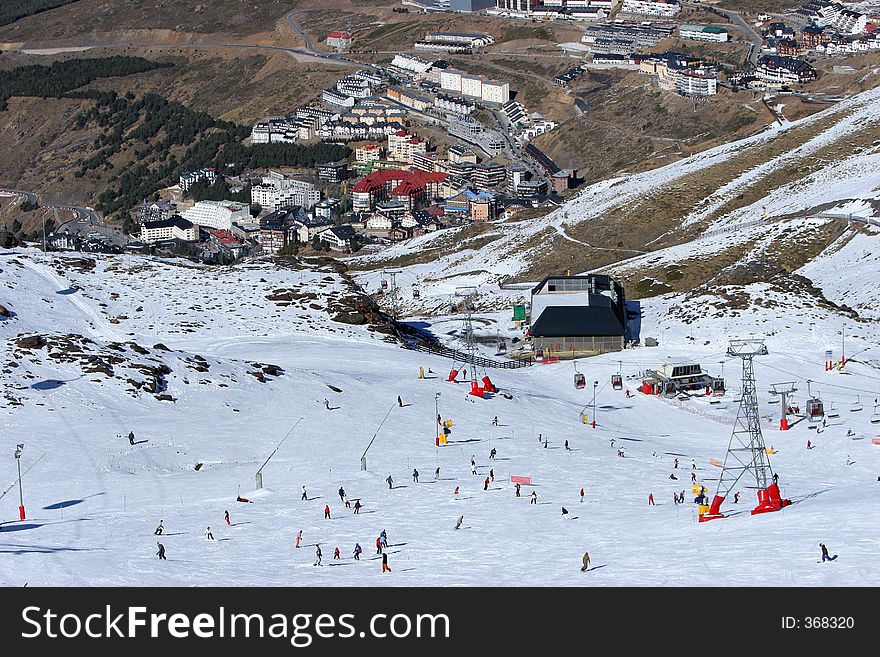 Looking Down The Ski Slopes Of The Sierra Nevada Mountains In Sp