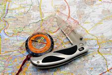 Compass And Knife On A Map Stock Photos Compass And Knife On A Map Stock Photos