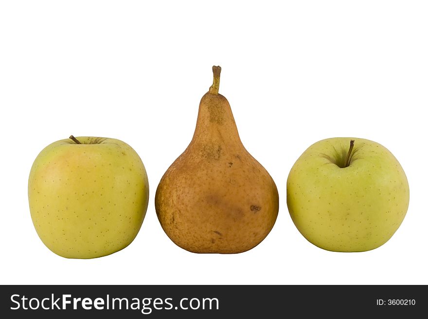 Two apples and one pear with white background. Two apples and one pear with white background.