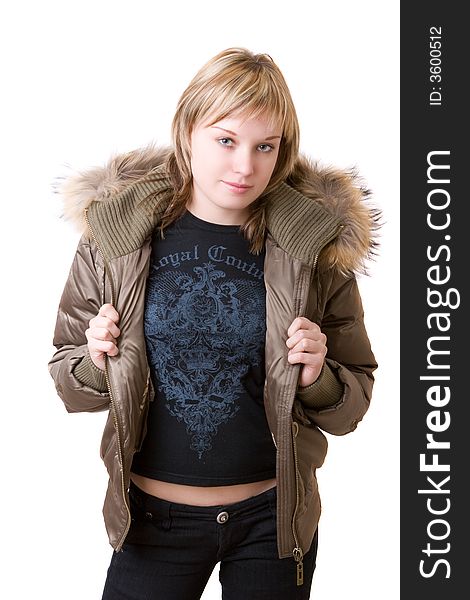 The young girl in a jacket with a fur collar