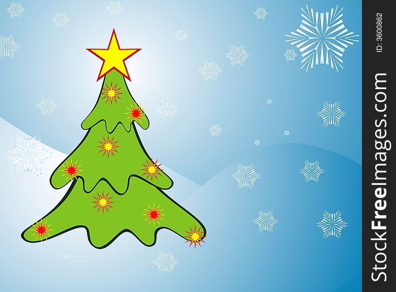 Illustration of Christmas ornaments on a pine tree branch with a snowflake background