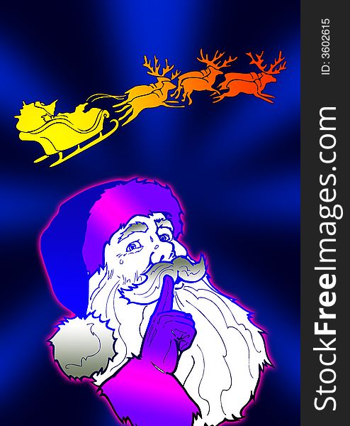 Illustration  of Santa and his reindeer in blue. Illustration  of Santa and his reindeer in blue