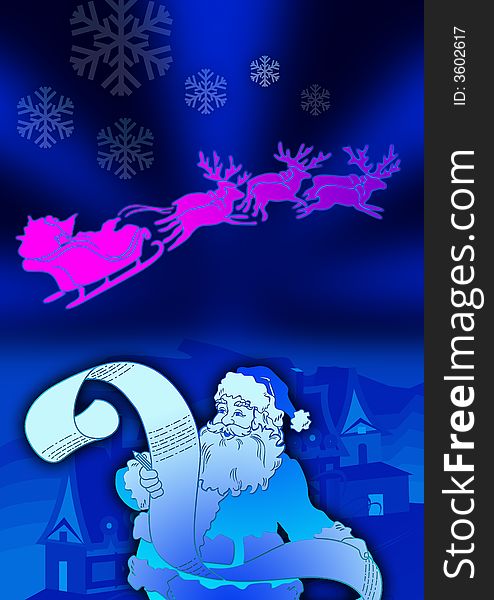 Santa and gift list in blue back ground