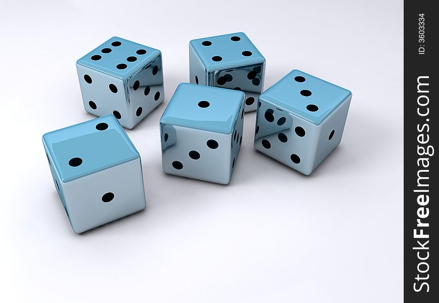 Five dice cubes on white surface