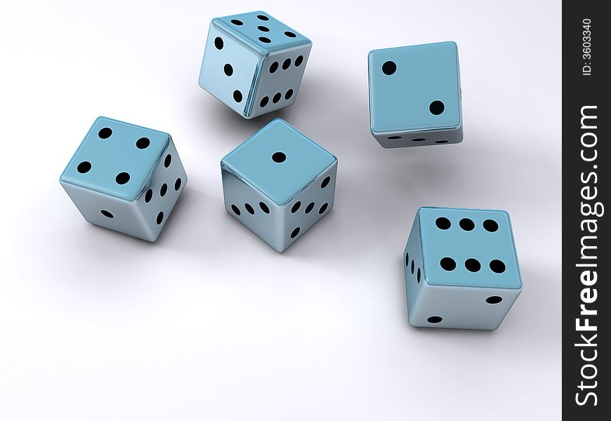 Five dice cubes falling onto a white surface. Five dice cubes falling onto a white surface