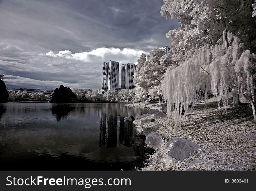 Infrared photo- lake, building