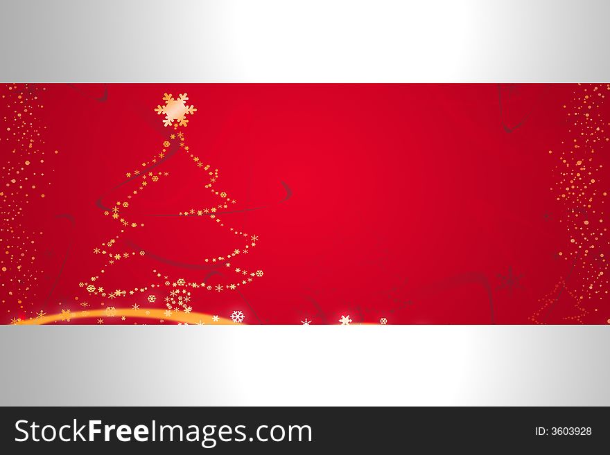 Red and silver winter and christmas illustration with snow and stars and a christmas tree. Red and silver winter and christmas illustration with snow and stars and a christmas tree