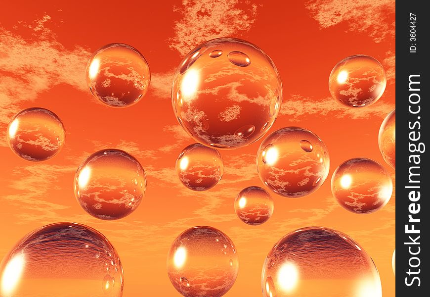 Rising water balls  on sky background - digital artwork.