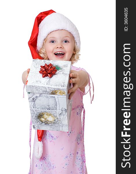 Cute fair-haired girl in Santa's hat with present  box. Cute fair-haired girl in Santa's hat with present  box