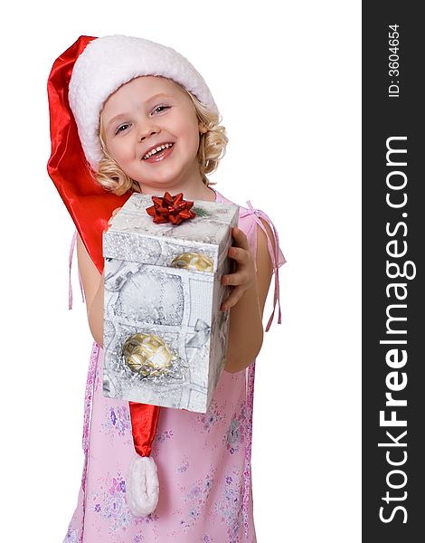 Cute fair-haired girl in Santa's hat with present  box. Cute fair-haired girl in Santa's hat with present  box