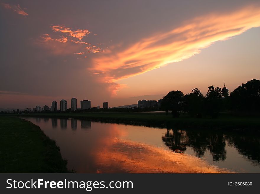 Sunset in Zagreb on river Sava