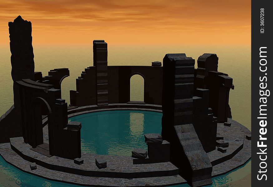 Ancient ruins, surrounded by water.  Shown at sunrise/sunset.  Computer Generated Image. Ancient ruins, surrounded by water.  Shown at sunrise/sunset.  Computer Generated Image.
