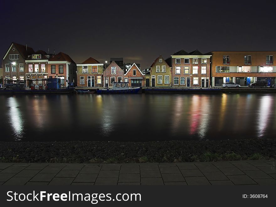 Night scenery of Hooikade, in-town harbour by the river Schie. Night scenery of Hooikade, in-town harbour by the river Schie
