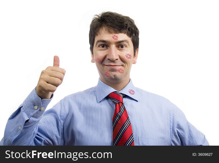 Young happy smiling man with lipstick kiss, isolated on white background