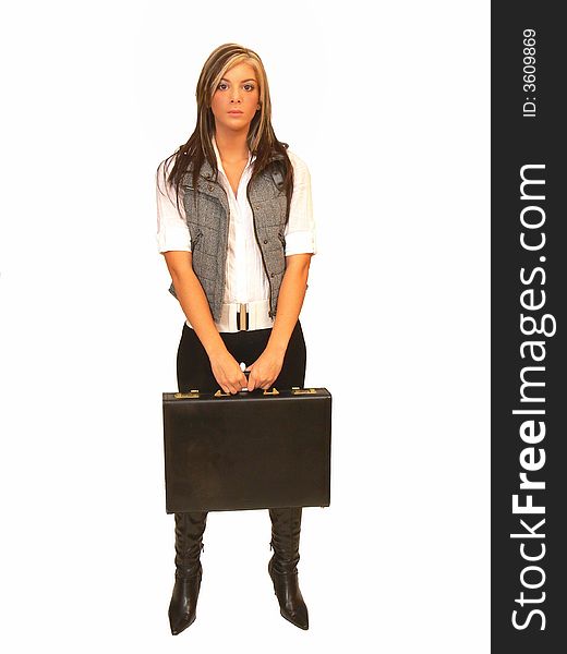 Dynamic beautiful businesswoman with briefcase standing there in black 
tights and boots. Dynamic beautiful businesswoman with briefcase standing there in black 
tights and boots.