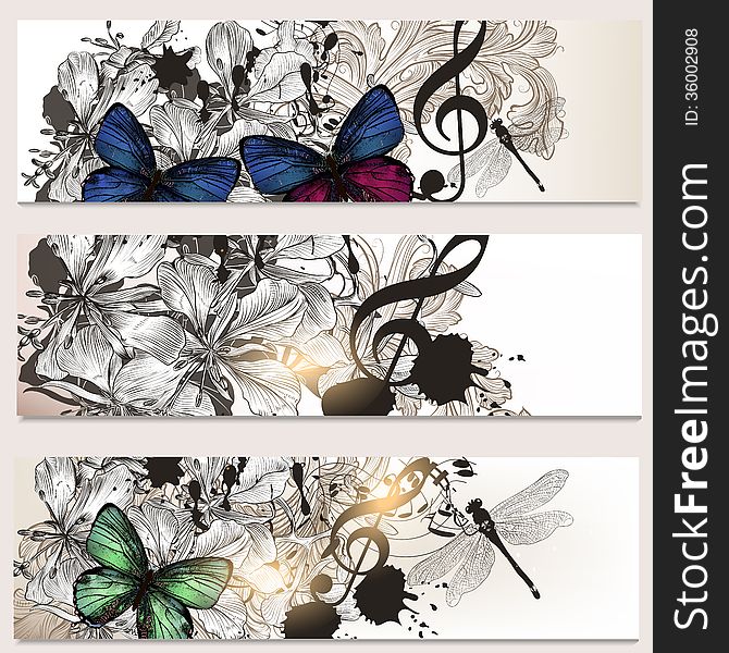Set of floral brochures with flowers and music for design. Set of floral brochures with flowers and music for design