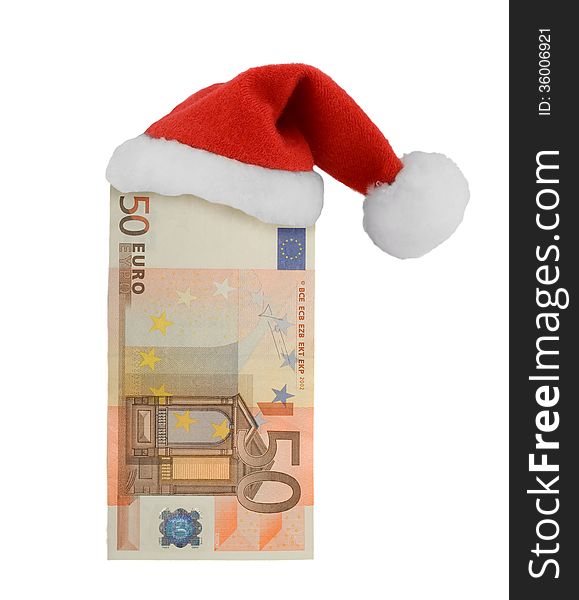 European currency and Santa Claus red hat isolated on white background