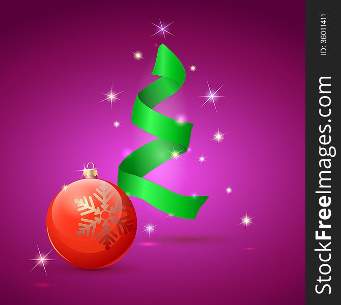 Greeting with Christmas tree and ball on green background with festive lights