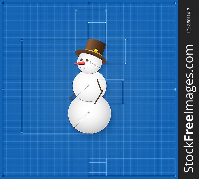 Snowman symbol drawn as blueprint. Stylized drafting of gift sign on blueprint paper. Vector illustration for holiday, packaging supplies, gift wrapping, packaging