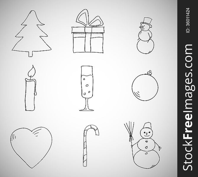 Collection of Christmas icons/objects, cartoon sketch style