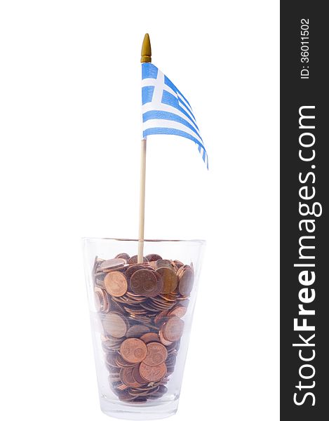 The Greek flag in glass filled with coins