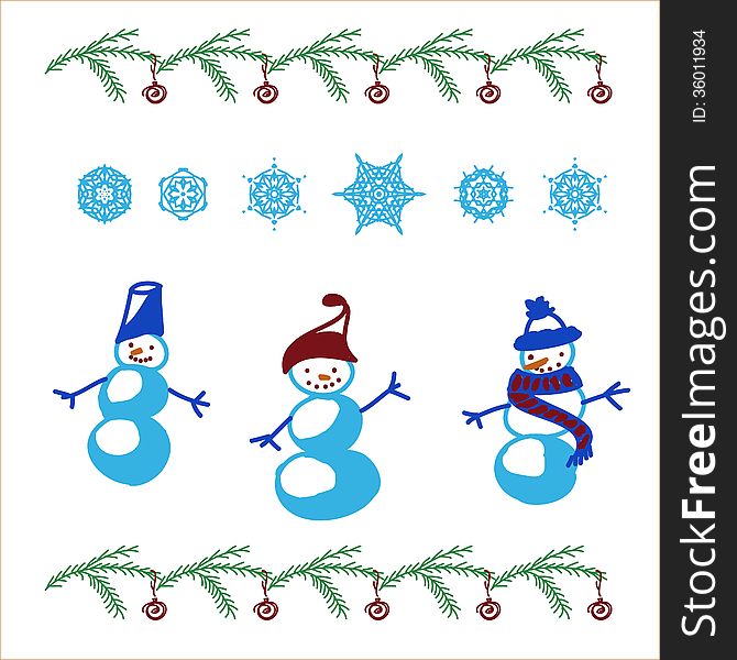 New year snowman and snowflakes set