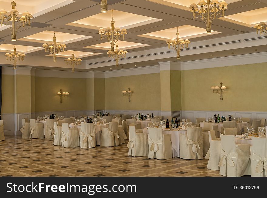 Big restaurant hall with tables and chairs. Big restaurant hall with tables and chairs