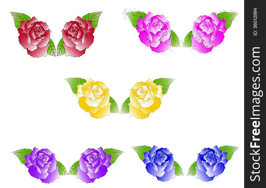 Vector illustration of a set of five different duos roses: red, pink, yellow, violet and blue accompanied with two green leaves on isolated background. Vector illustration of a set of five different duos roses: red, pink, yellow, violet and blue accompanied with two green leaves on isolated background.