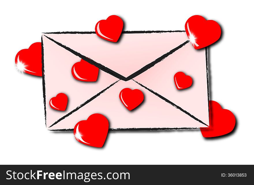 Ajar pink envelope with red hearts in different sizes around. Ajar pink envelope with red hearts in different sizes around