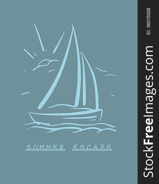 Hand Drawn Background With Sailboat. Vector Eps8