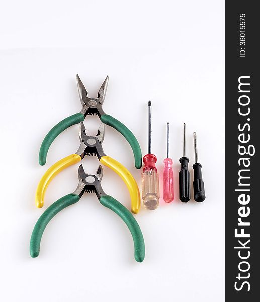 All kinds of pliers, screwdriver in white background. All kinds of pliers, screwdriver in white background