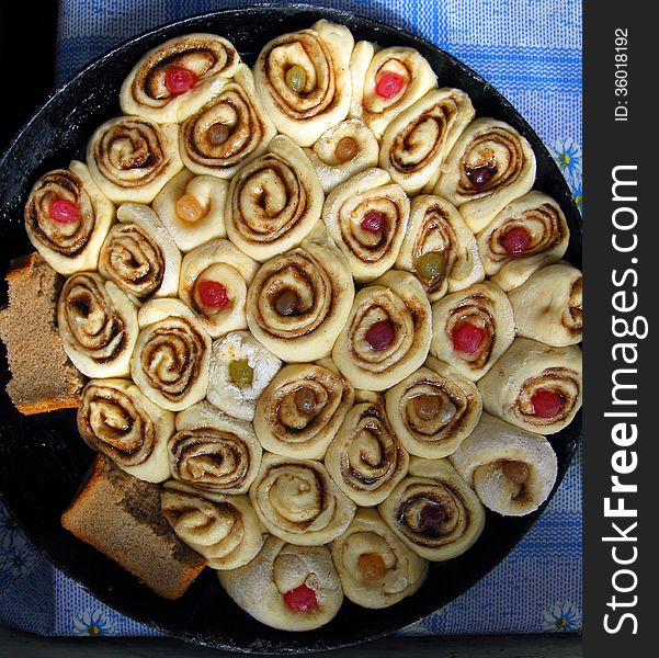 Cakes in the pan, top view, close bread crust. Cakes in the pan, top view, close bread crust