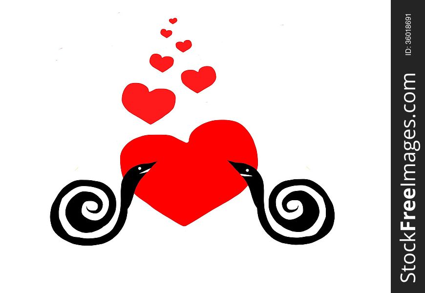 Two lovers snails and red hearts on a white background. Two lovers snails and red hearts on a white background