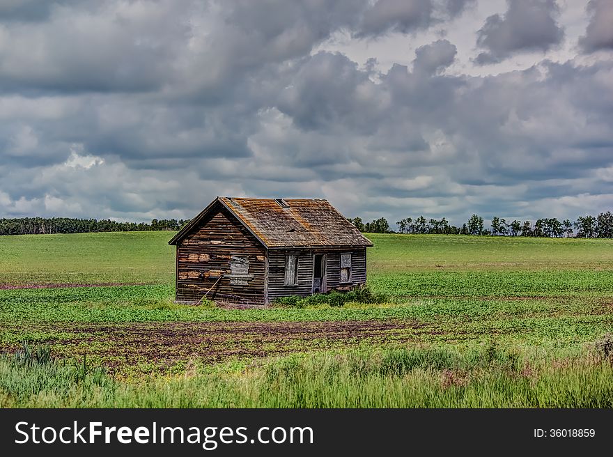 Abandoned little brown house in the field