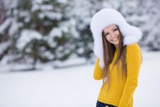 Winter Portrait Of Beautiful Smiling Woman With Snowflakes In White Furs Stock Photo Winter Portrait Of Beautiful Smiling Woman With Snowflakes In White Furs Stock Photo
