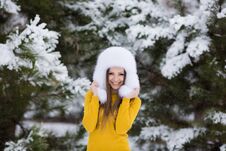 Winter Portrait Of Beautiful Smiling Woman With Snowflakes In White Furs Royalty Free Stock Photos Winter Portrait Of Beautiful Smiling Woman With Snowflakes In White Furs Royalty Free Stock Photos