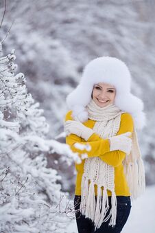 Winter Portrait Of Beautiful Smiling Woman With Snowflakes In White Furs Royalty Free Stock Photography Winter Portrait Of Beautiful Smiling Woman With Snowflakes In White Furs Royalty Free Stock Photography