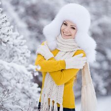 Winter Portrait Of Beautiful Smiling Woman With Snowflakes In White Furs Stock Photos Winter Portrait Of Beautiful Smiling Woman With Snowflakes In White Furs Stock Photos