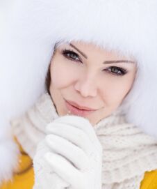 Winter Portrait Of Beautiful Smiling Woman With Snowflakes In White Furs Stock Image Winter Portrait Of Beautiful Smiling Woman With Snowflakes In White Furs Stock Image