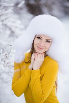 Winter Portrait Of Beautiful Smiling Woman With Snowflakes In White Furs Stock Photo Winter Portrait Of Beautiful Smiling Woman With Snowflakes In White Furs Stock Photo