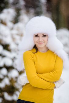 Winter Portrait Of Beautiful Smiling Woman With Snowflakes In White Furs Royalty Free Stock Image Winter Portrait Of Beautiful Smiling Woman With Snowflakes In White Furs Royalty Free Stock Image